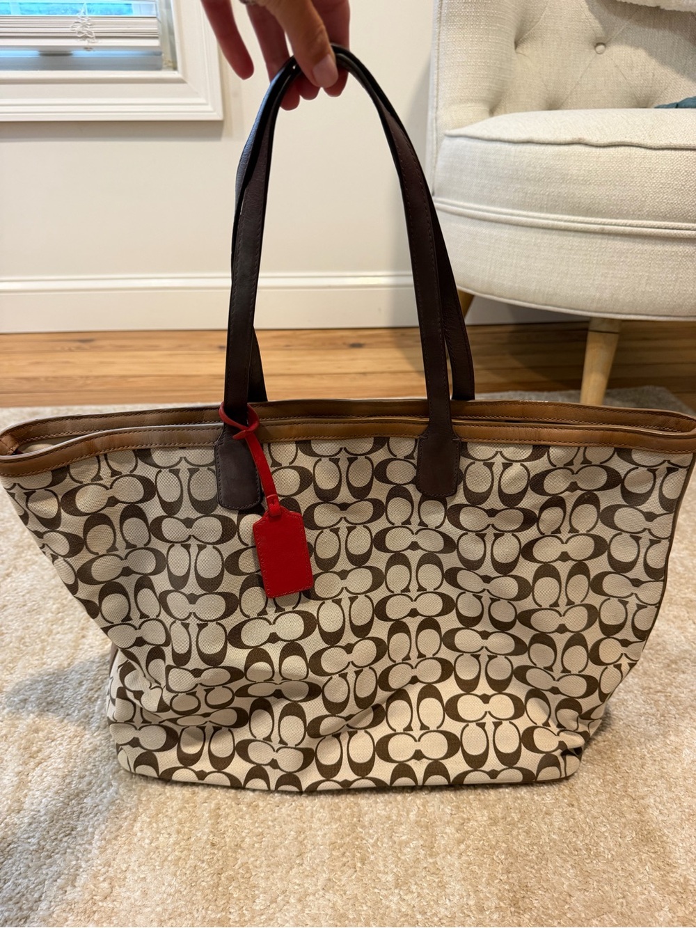 Coach Brown Signature Canvas Tote with Red Tag